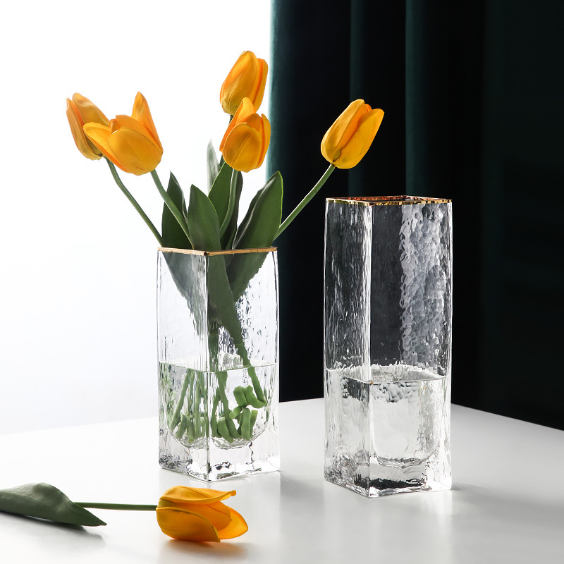 Nordic Light Luxury Glass Vase Hydroponic Transparent Golden Edge Flower Holder Home Soft Decoration Living Room Dining Table Art Flower Shop Vase