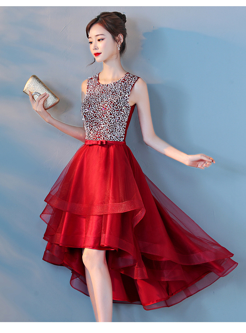 晚宴礼服裙女2020新款前短后长端庄大气性感优雅主持人演出服红色