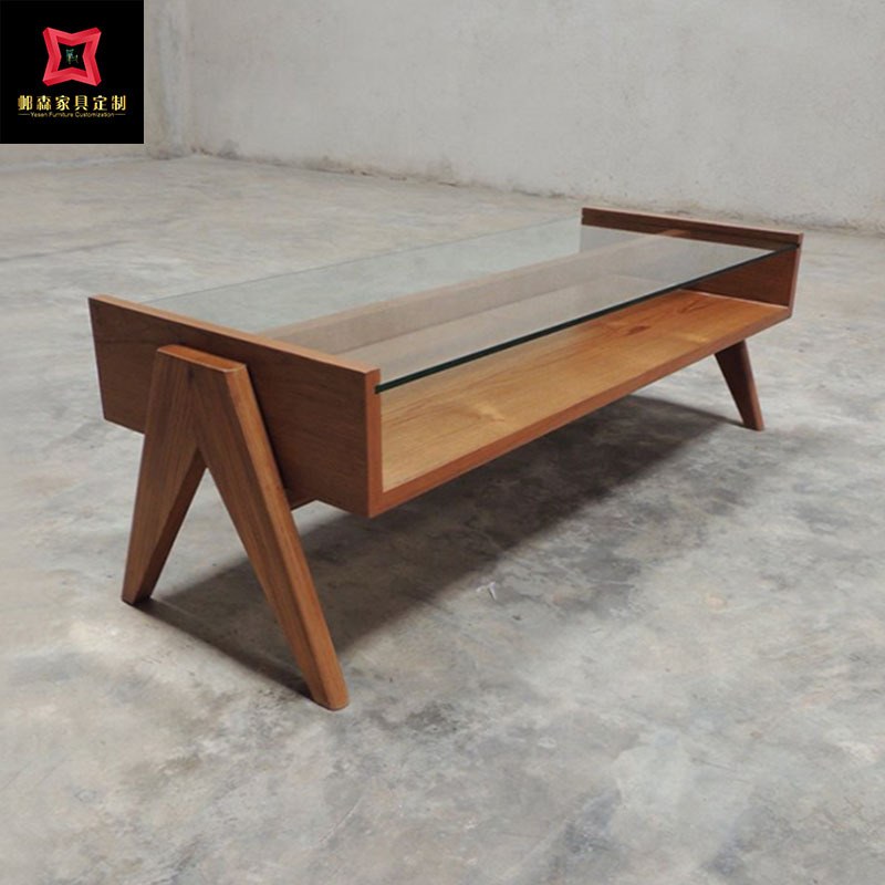 pierre jeanneret昌迪加尔实木玻璃桌面咖啡桌实木茶几设计师定制