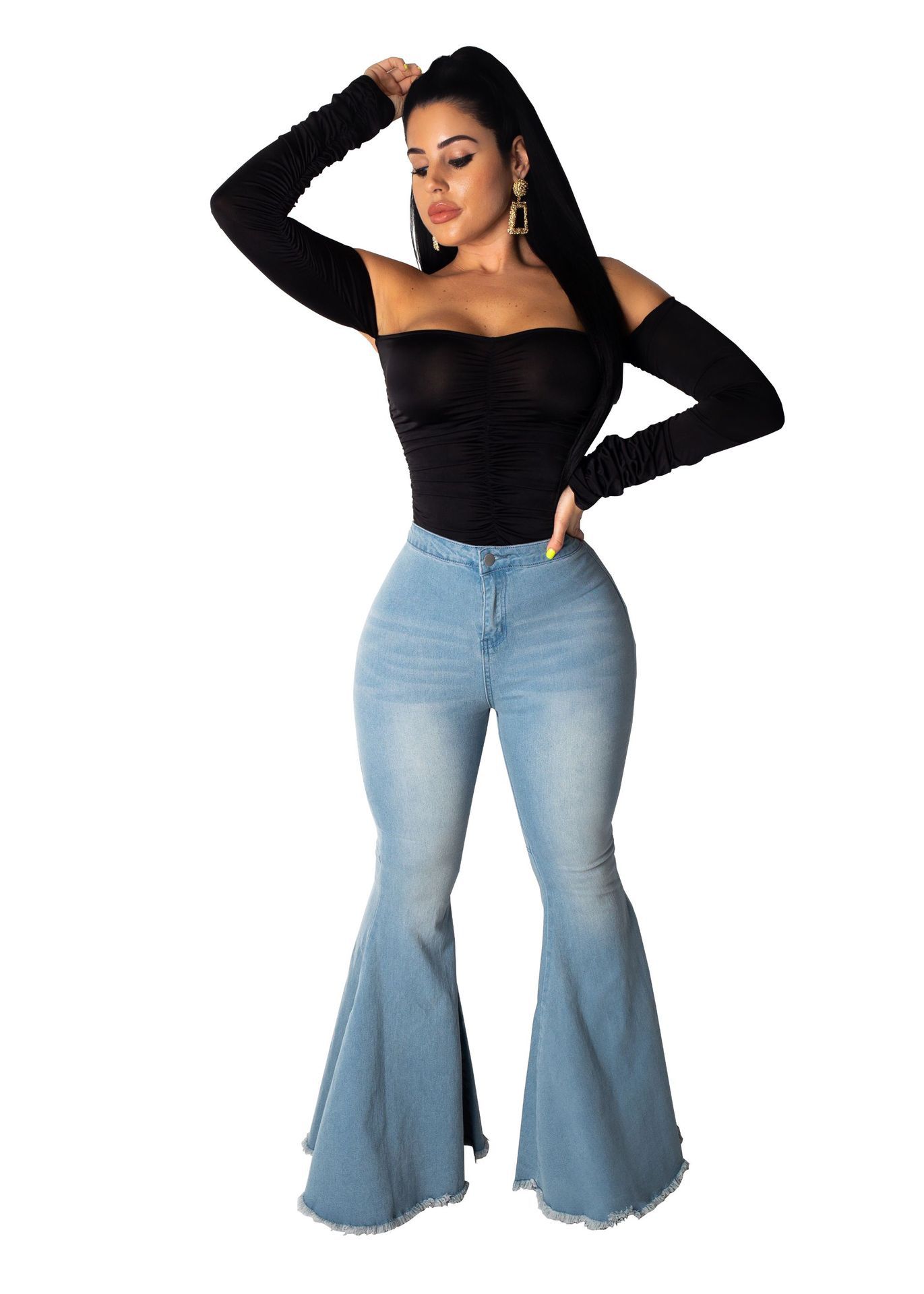 678xl时尚百搭阔腿高腰弹力喇叭牛仔裤 加大码亚马逊速卖通ebay