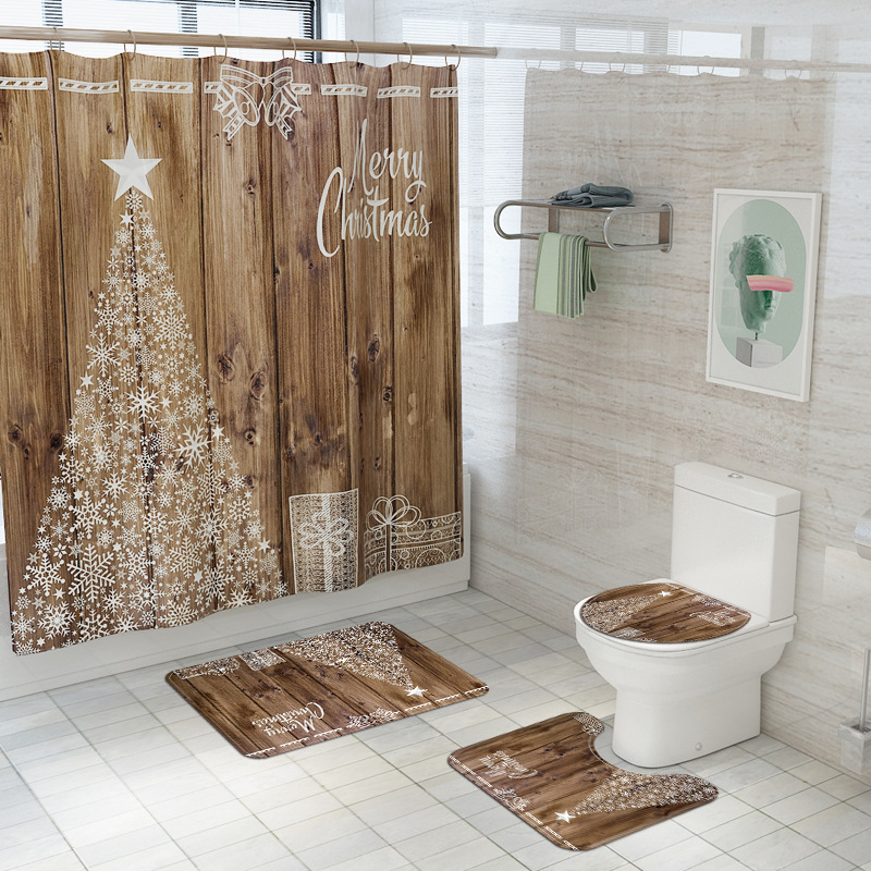 Exclusive for Cross-Border Christmas Element Printing Toilet Floor Mat Four-Piece Snow Christmas Tree Waterproof Shower Curtain DIY Pattern