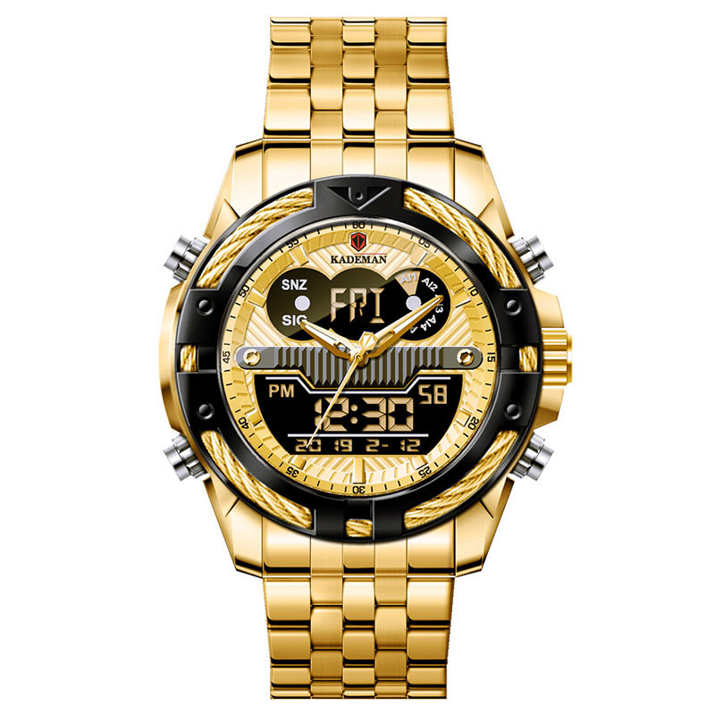 kademan运动男表双机芯lcd背光闹钟跑秒防水钢带手表合金电子表