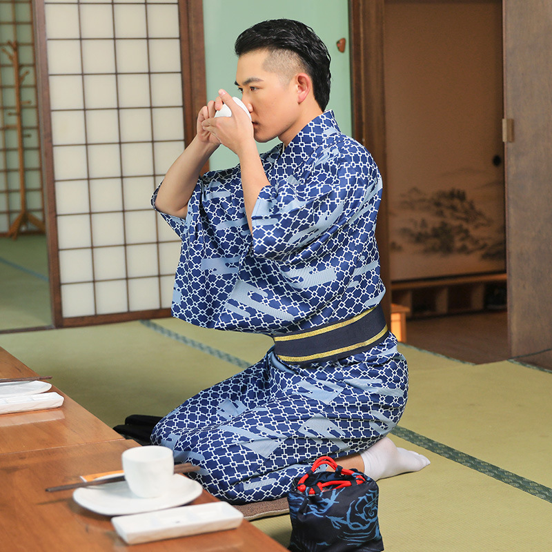 新款日本和服男传统正装绅士武士和服小格子
