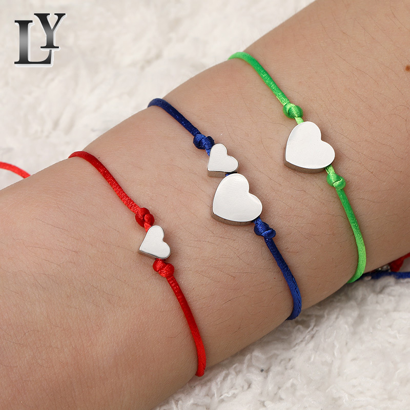 跨境欧美爆款时尚爱心不锈钢手链桃心手工彩色编织绳情侣手饰批发