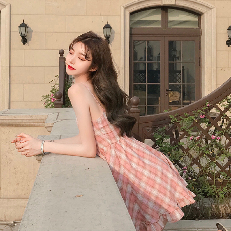 桔梗法式连衣裙法式小个子女泫雅气质粉色格子吊带裙网红超仙裙子