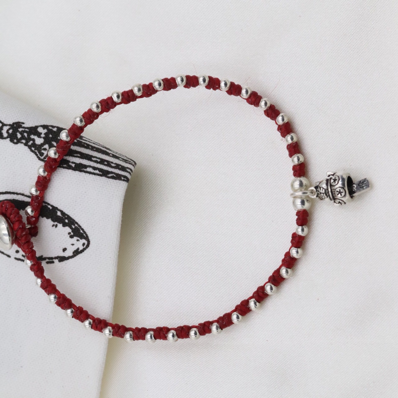 泰国蜡绳s925纯银猫脚链 手工编织银珠子复古脚环 女百搭红绳脚饰