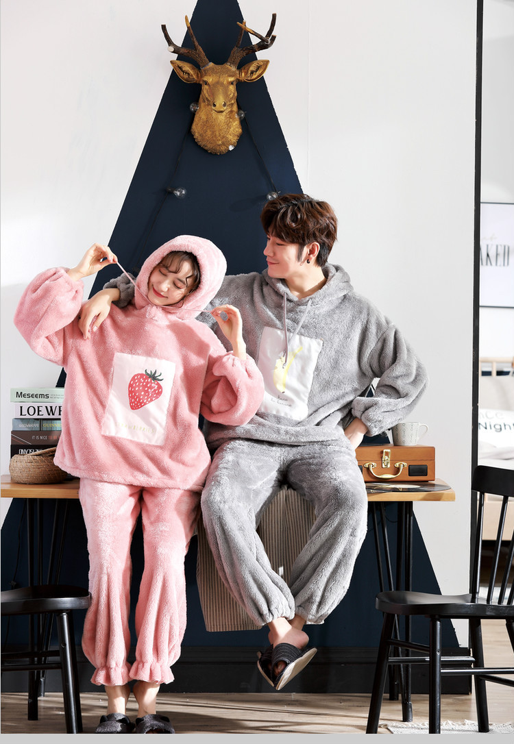 珊瑚绒睡衣情侣装冬季连帽可爱卡通法兰绒女保暖家居服套装家乐