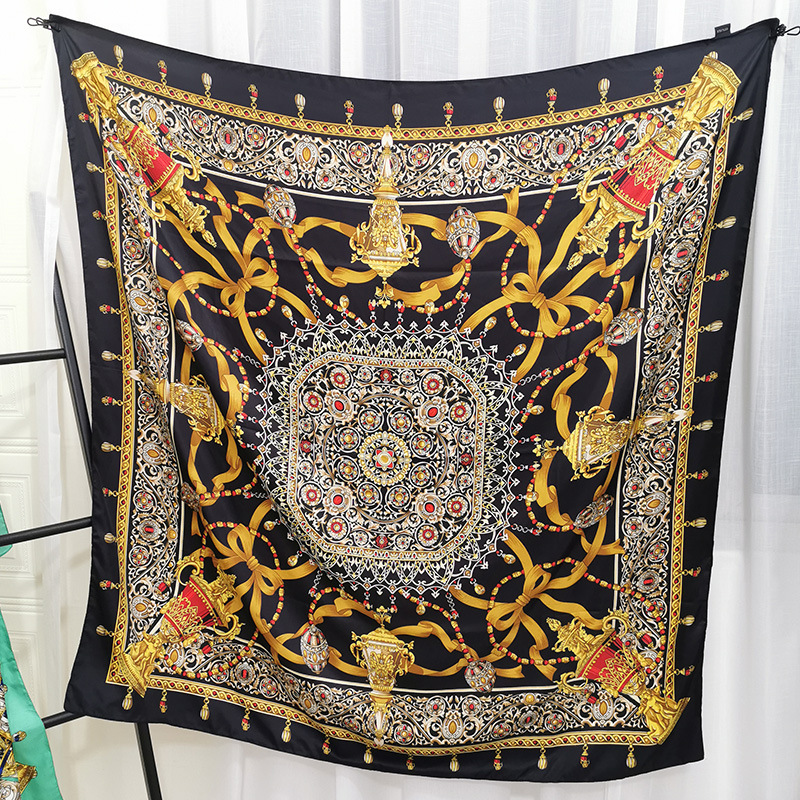 Cross-Border New Arrival Fashion Square Large Kerchief Artificial Silk Twill Silk Scarf European and American Street Scarf for Women