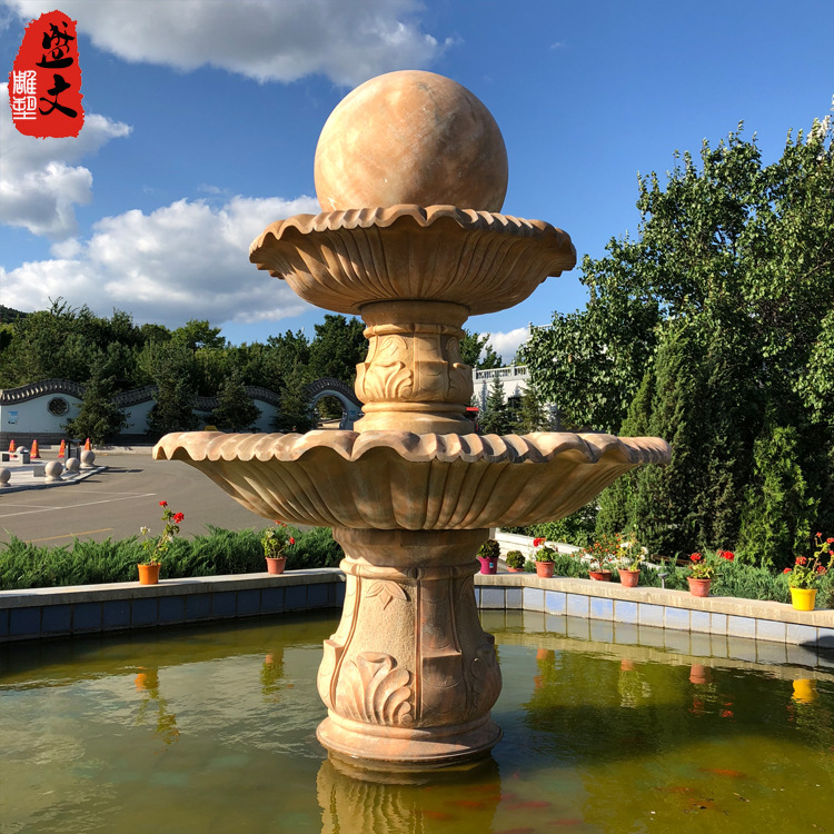 户外石雕喷泉别墅花园黄锈石喷泉家用晚霞红石头流水景观摆件