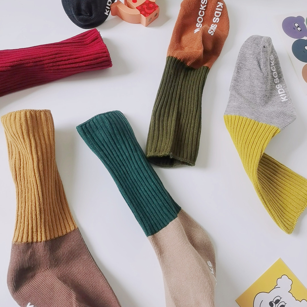 秋冬新款宝宝拼色地板袜防滑婴儿学步袜男女宝宝精梳棉中筒袜短袜