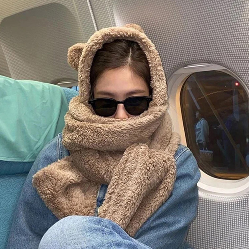 jennie同款小熊围巾帽子一体女秋冬毛绒加厚保暖可爱围脖套装学生