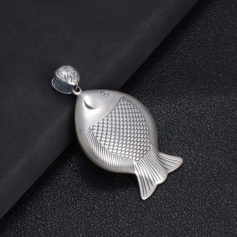 999足银立体大鱼毛衣链大吊坠 女复古双面锦鲤鱼刻纹冬季长链坠子
