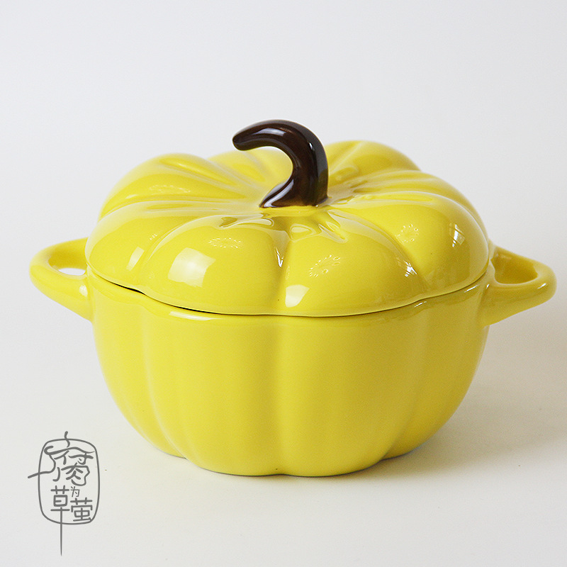 New Product Creative Cute Pumpkin Shape Binaural Baking Bowl Ceramic Stew Cup Baking Utensils Dessert Bowl with Lid