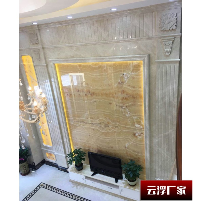 豪华大理石背景墙 米黄白玉兰原石影视墙石材客厅电视墙设计