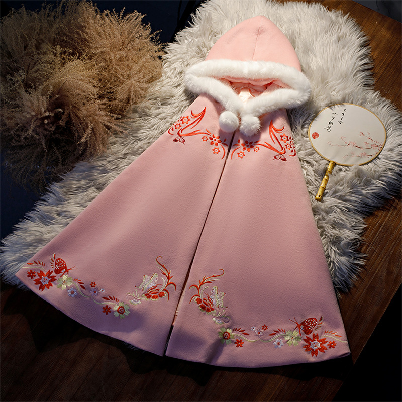 Ancient Costume Woolen Embroidered Outer Children's Han Chinese Costume Cloak Go out in Autumn and Winter Chinese Style Girls' Shawl Ancient Princess Cloak