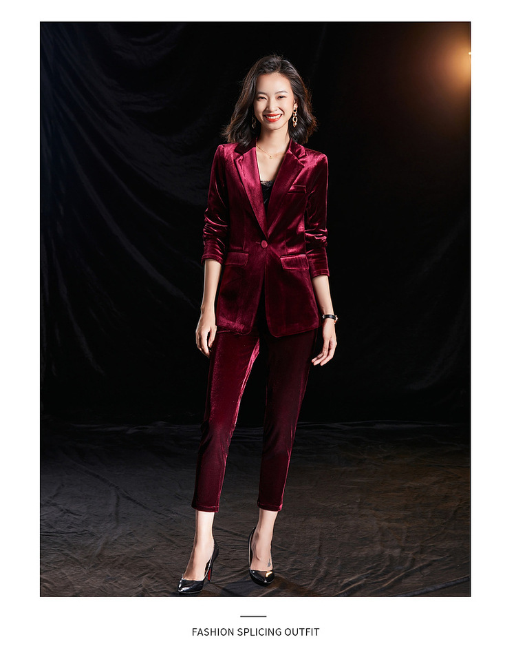 酒红色高端金丝绒西装外套女春秋新款时尚气质总裁白领西服套装