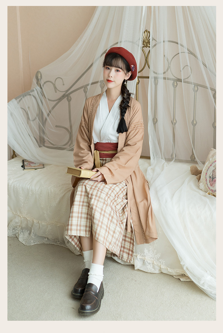秋冬中国风日常传统宋制汉服女格子旋裙中国风古风三件套对襟套装