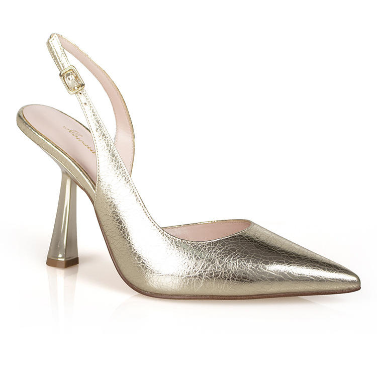 定制金属皱纹pu小香风单鞋女包头凉鞋细跟通勤法式仙女风高跟鞋