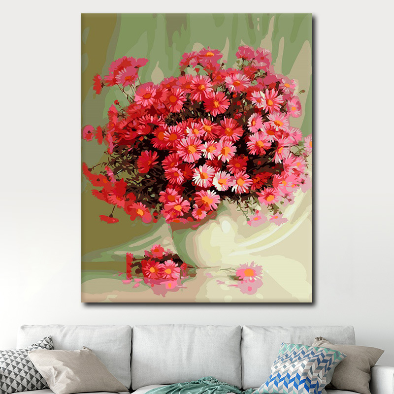 数字油画diy手绘油彩画填色花卉定制跨境无框6102红色雏菊40*50