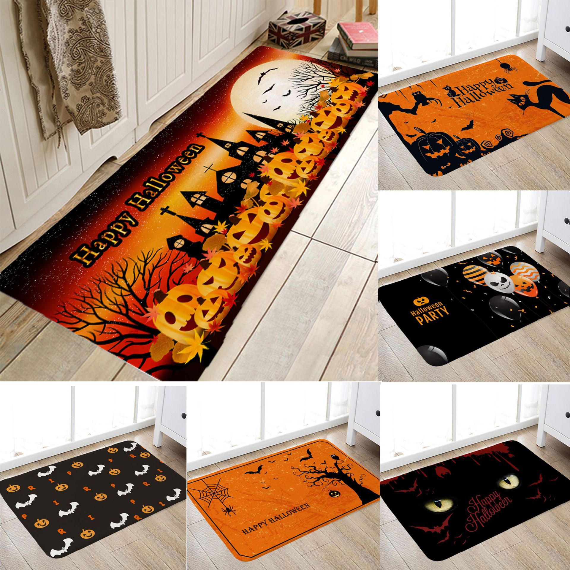 Halloween New Flannel Printed Mat Halloween Kitchen Floor Mat Bathroom Non-Slip Mat Foot Mats Floor Mat