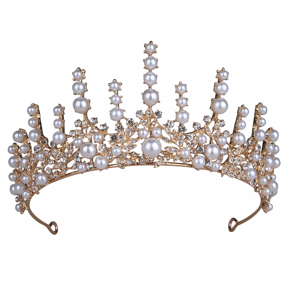 欧美新娘皇冠结婚饰品婚纱配件合金镶水钻珍珠发饰女王冠皇室冕冠