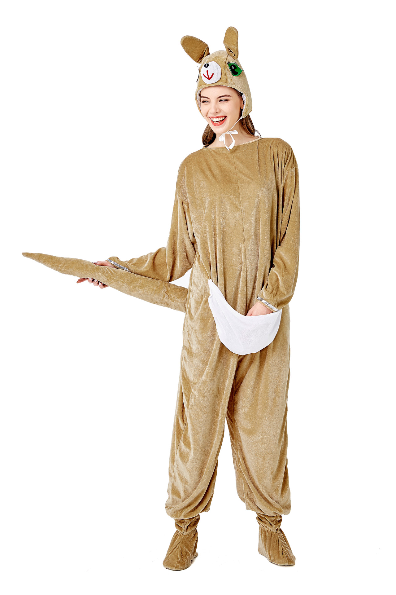 万圣节动物毛毛装成人kangaroo袋鼠动物装扮服 带帽连体衣 演出装