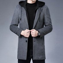青年男士韩版休闲羊毛呢子大衣中长款可脱卸帽子潮流外套男装上衣