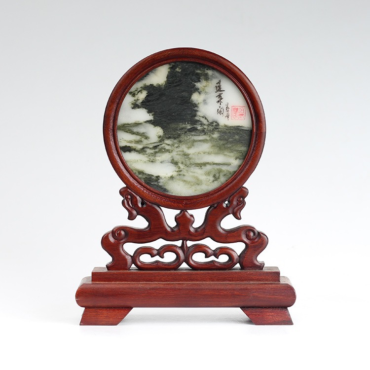 花梨木屏风 圆形复古东阳木雕嵌天然大理石插屏 台屏小屏风摆件