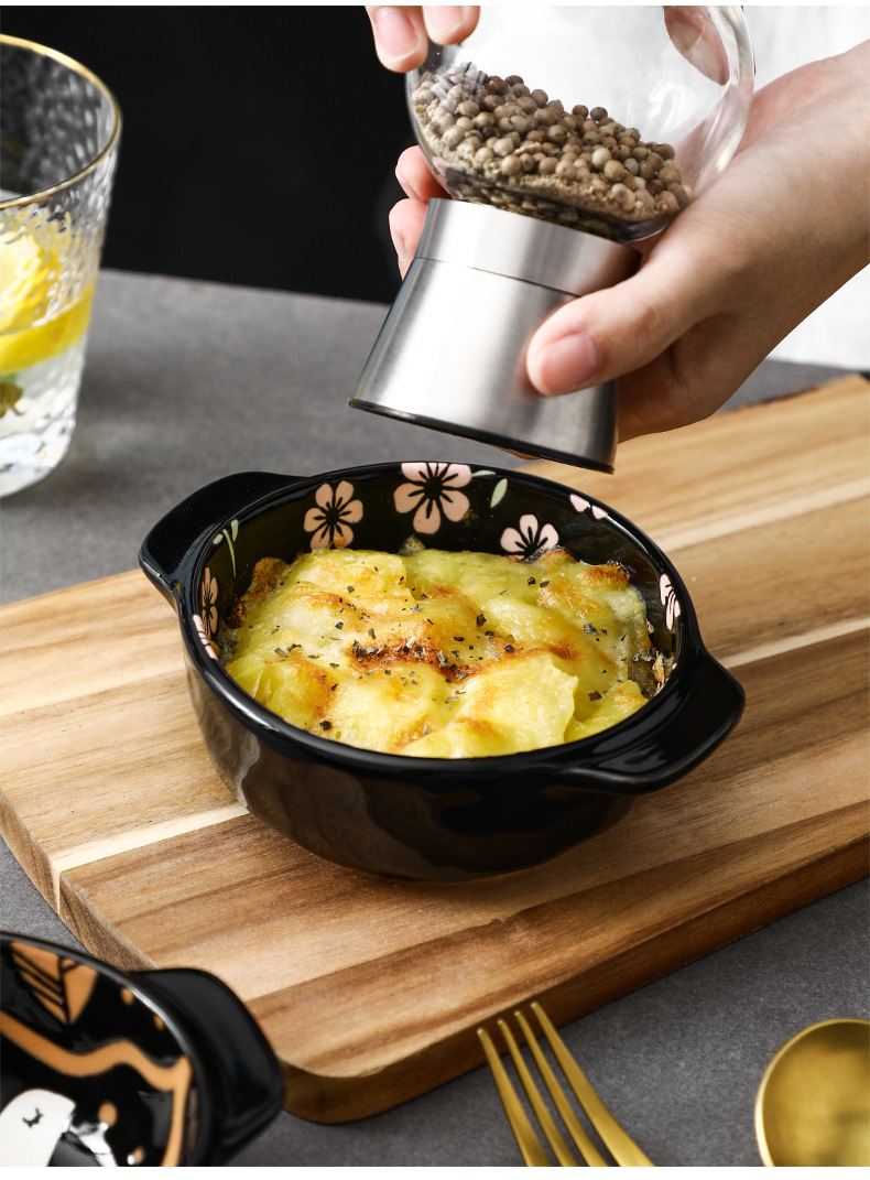 双耳烤盅陶瓷墨绿色日式釉下彩餐具焗饭碗个性烤蒸饭碗供应亚马逊