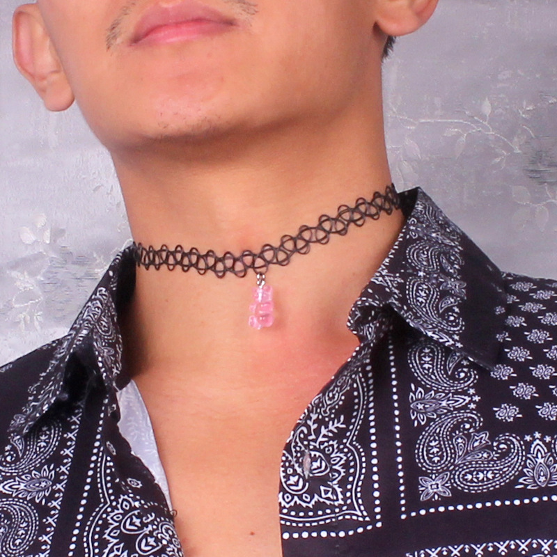 镂空纹身编织鱼线弹力糖果色小熊项链嘻哈七色小熊项圈欧美饰品