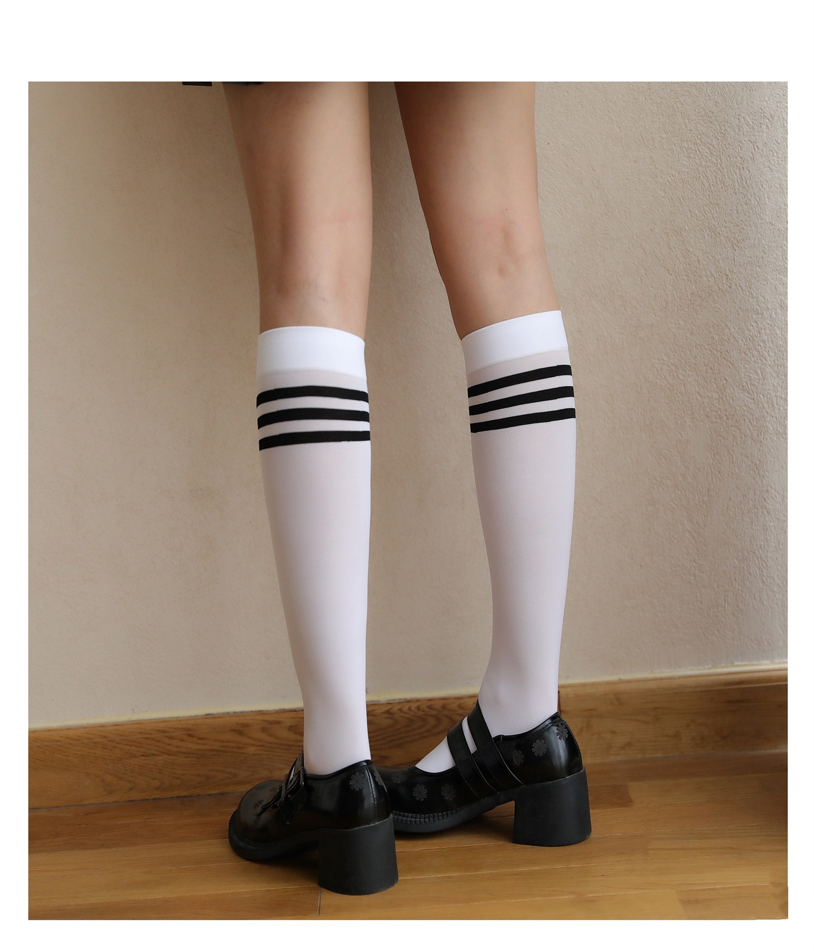 日系白色天鹅绒三杠条纹中筒袜学生小腿袜子女(儿童成人通用款)