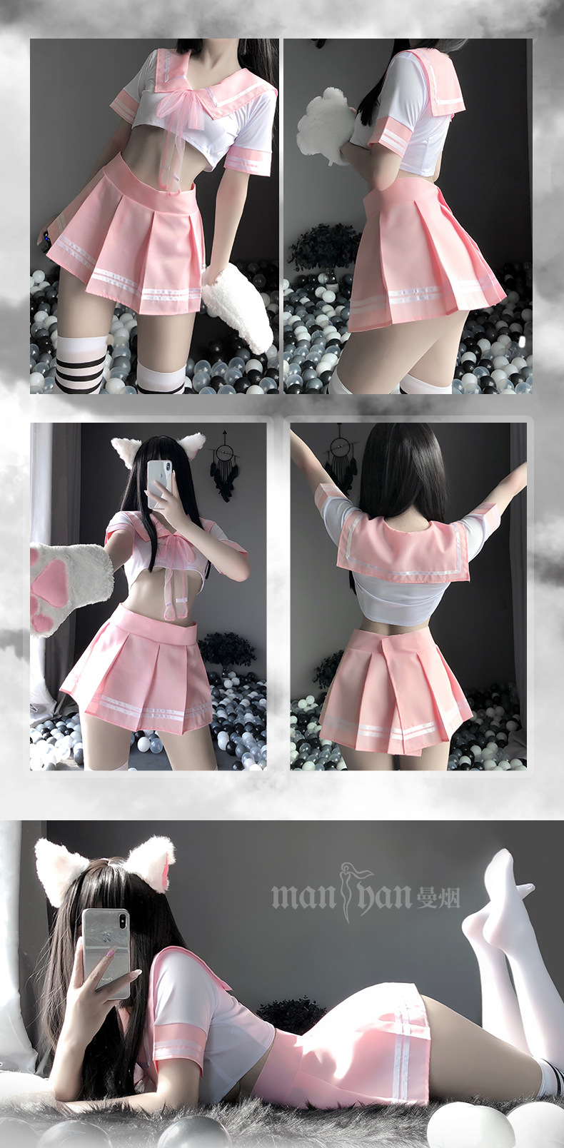 曼烟情趣内衣性感学生服分体短袖百褶短裙水手服制服套装1620