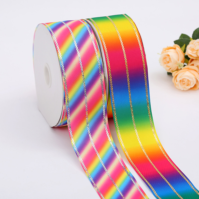 Korean Style 7.5cm Sequined Rainbow Ribbon Dacron Ribbon Printed Colorful Printed Ribbon Children's Clothing Wholesale