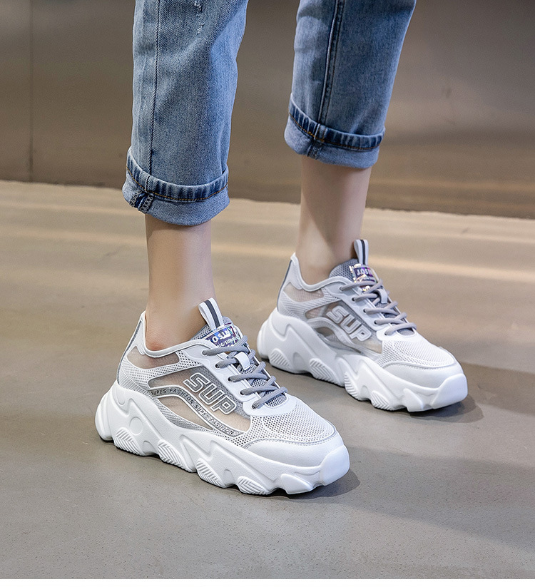 2020新款夏季透气真皮女鞋休闲百搭冰丝运动鞋女厚底平跟老爹鞋潮