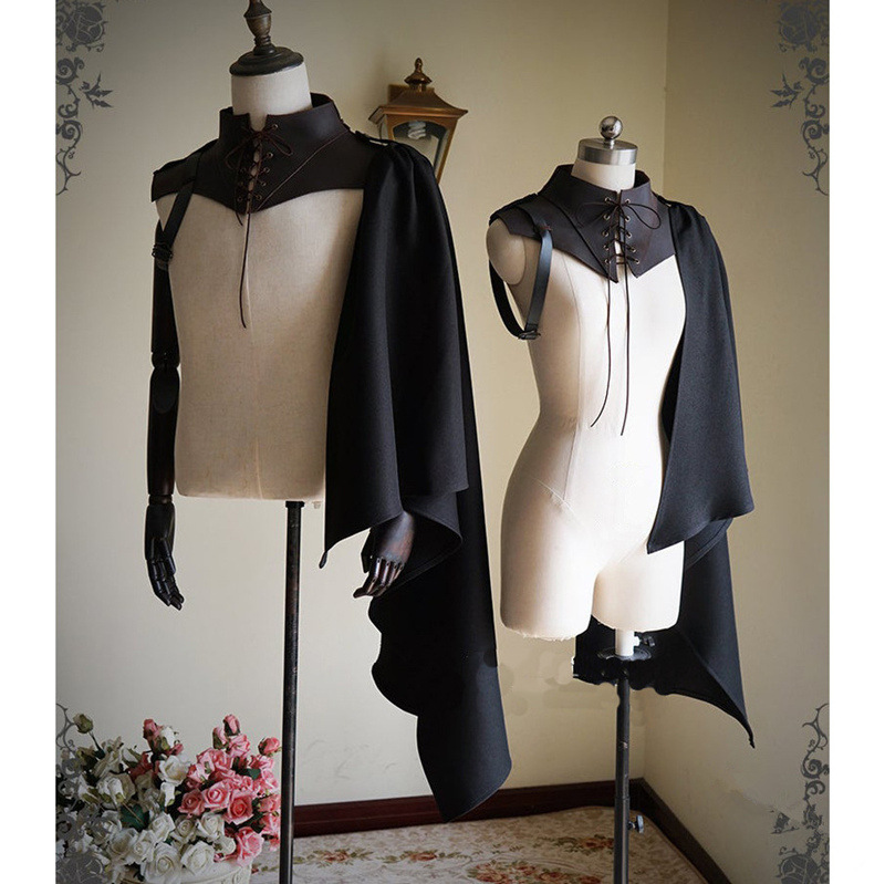 欧洲中世纪系带立领pu皮革拼接单肩披风舞台剧表演cos摄影写真款