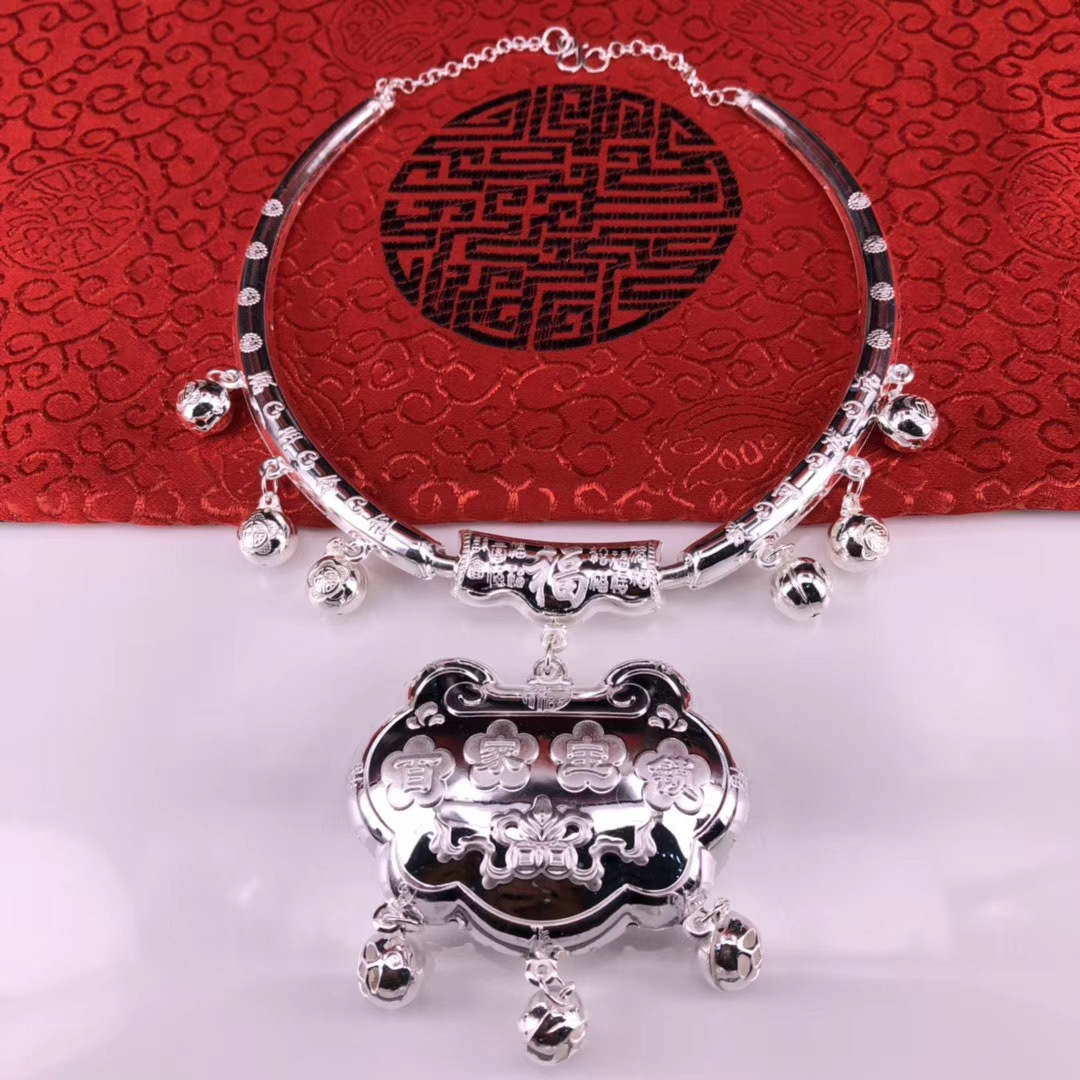 s999足银宝宝龙凤年年有余长命锁百福锁婴儿小孩项圈纯银套锁