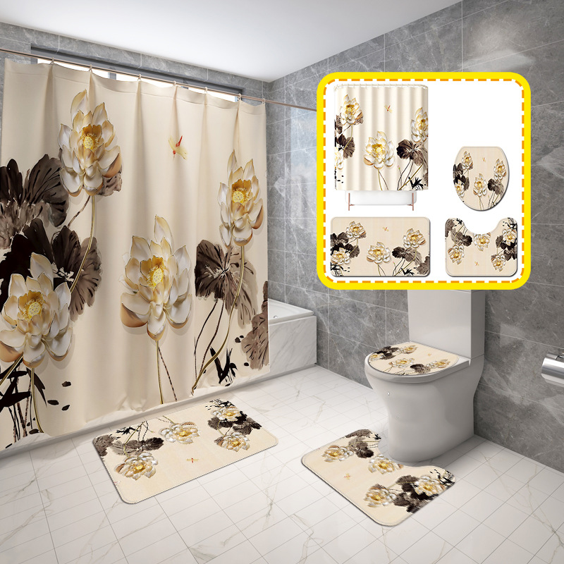 New Design Golden Lotus Digital Printing Shower Curtain Bathroom Electricity Commercial Dedicated for Amazon Hot