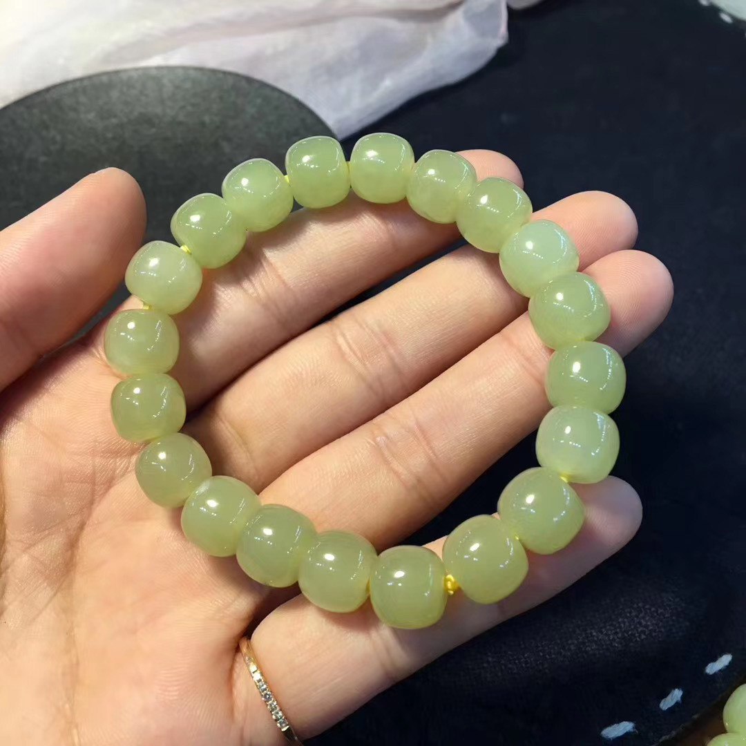 和田玉青海料桶珠手链老型珠玉珠黄口料男女款玉石手链手串送证书