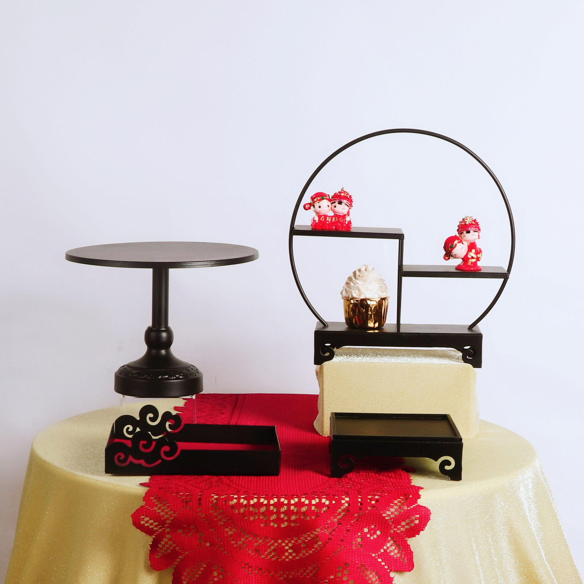 中式甜品台摆件婚礼展示架子寿宴祥云装饰托盘铁艺摆台中国风托盘