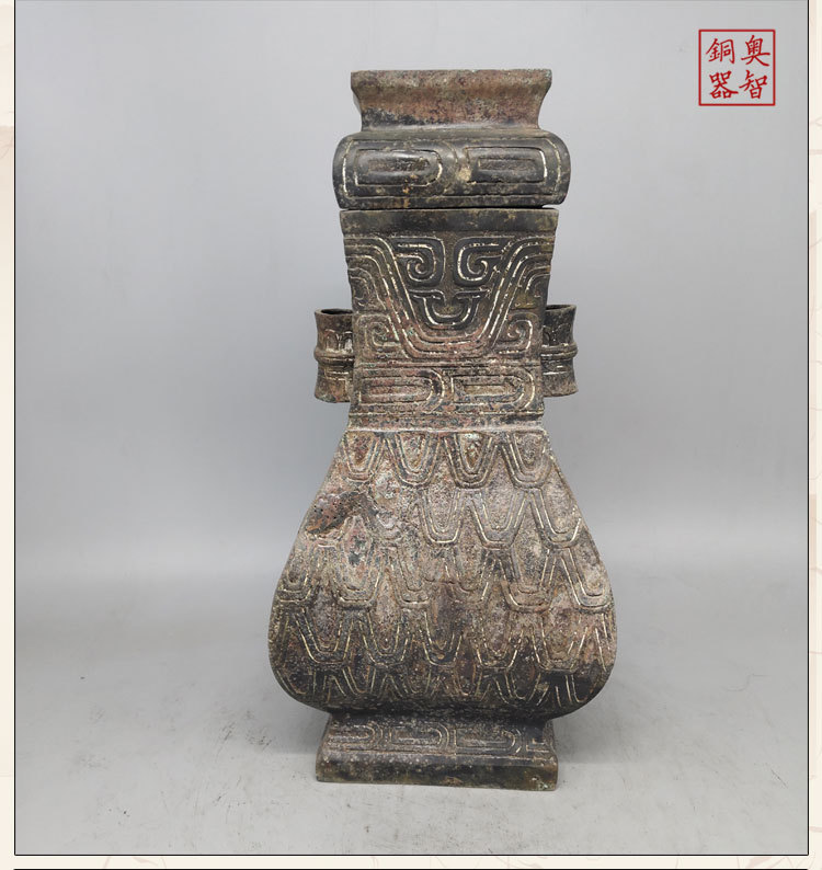 商周仿古青铜器青铜四方瓶双环铜壶红斑绿绣包浆自然古玩收藏摆件