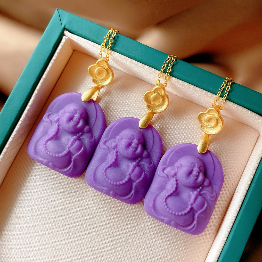 s925纯银天然紫云母佛公吊坠古法金镶嵌雕刻弥勒佛紫云母项链套链