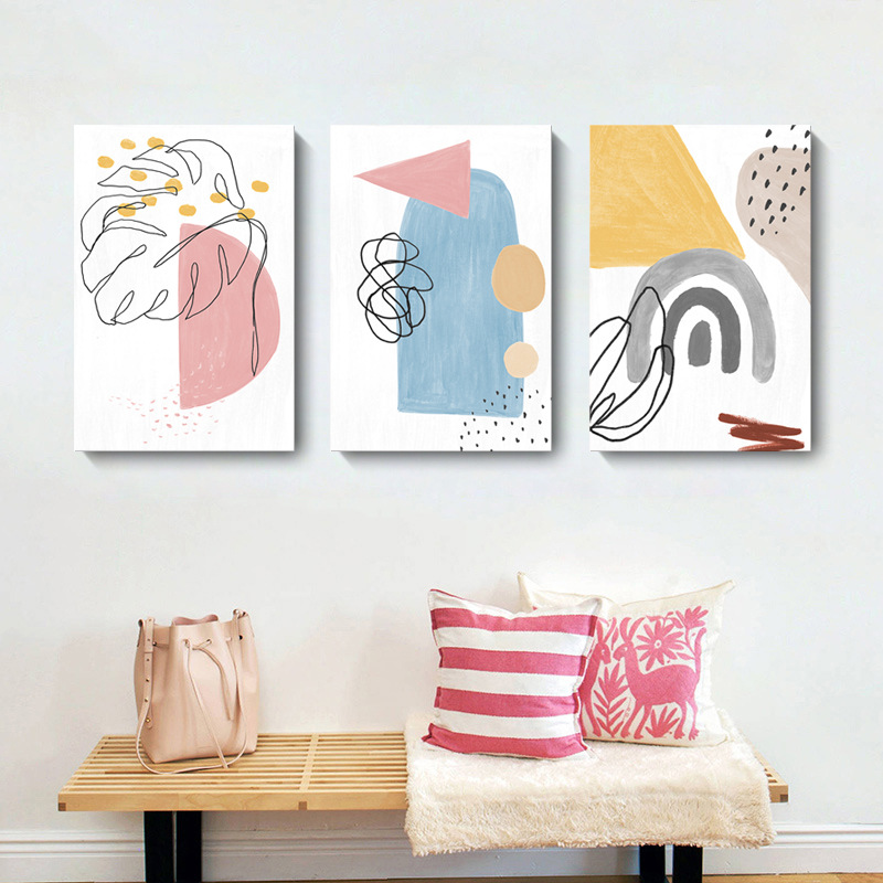 简约北欧ins客厅装饰画 莫兰迪抽象线条色块几何喷绘挂画