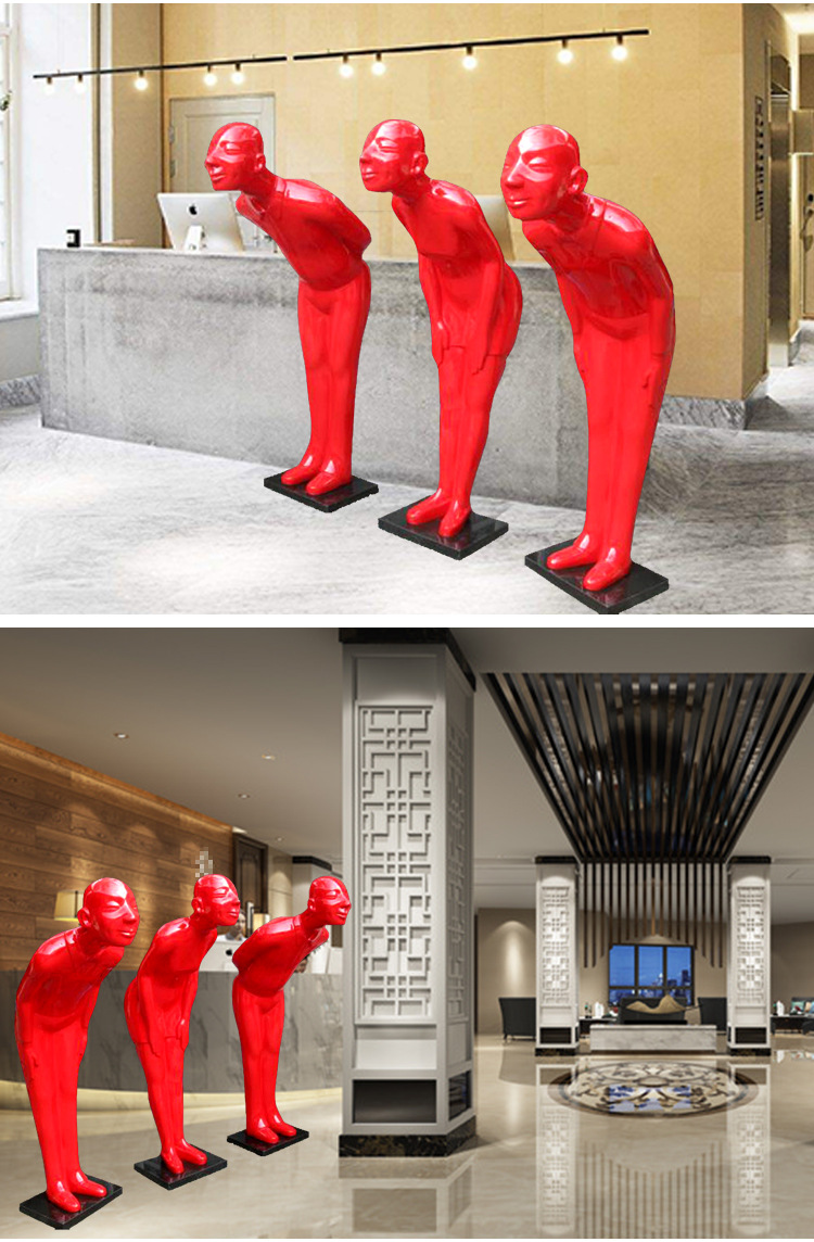 玻璃钢迎宾红色鞠躬卡通人物abc款雕塑 酒店门口 饭店 迎宾人雕塑