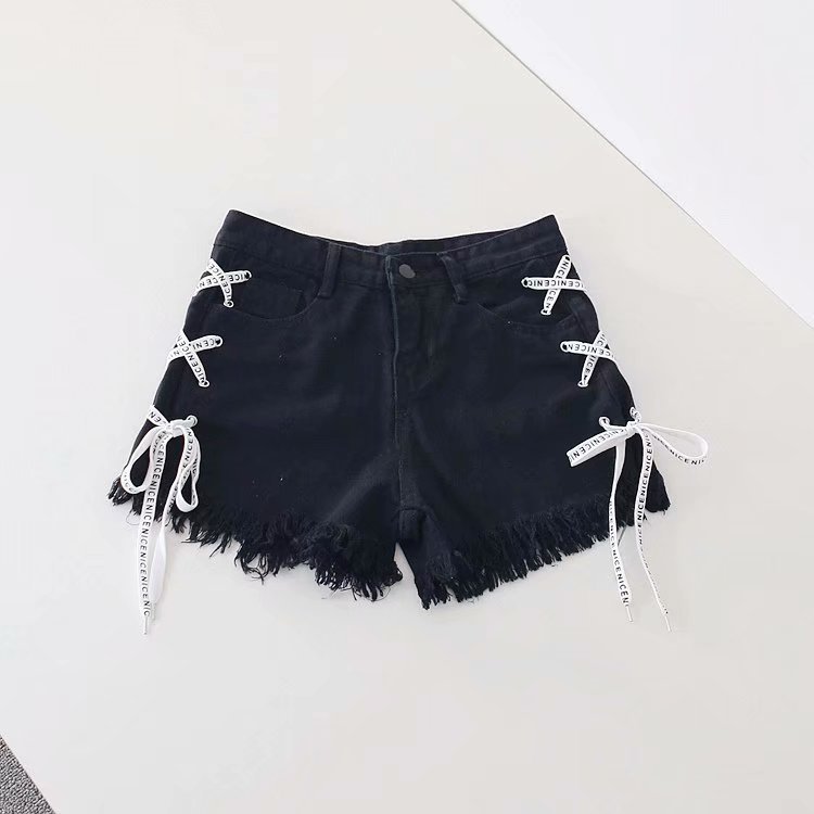   Summer arge Size Frayed ace-up Denim Shorts Women's Korean-Style High Waist Student oose Slimming and All-Matching Wide eg Hot Pants