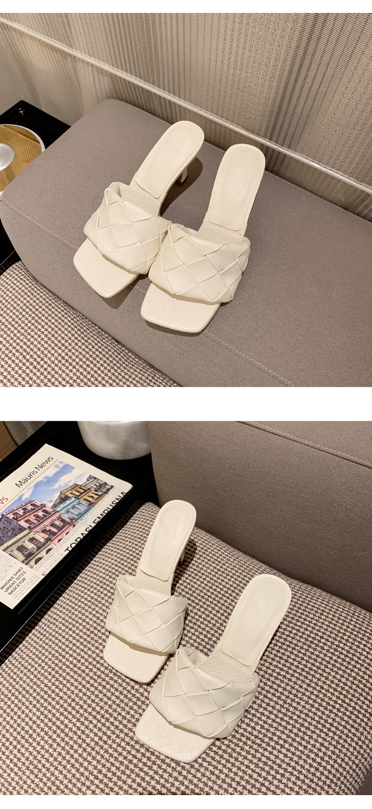 网红bv编织一字拖鞋女外穿时尚百搭2020夏季新款粗跟极简高跟凉鞋
