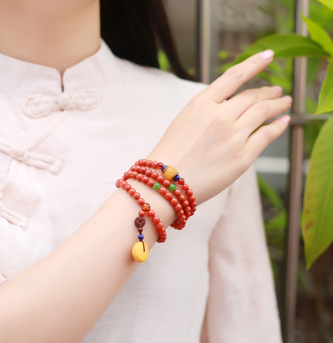 天然老料川料满肉柿子红南红手串108颗南红佛珠四圈本命年饰品