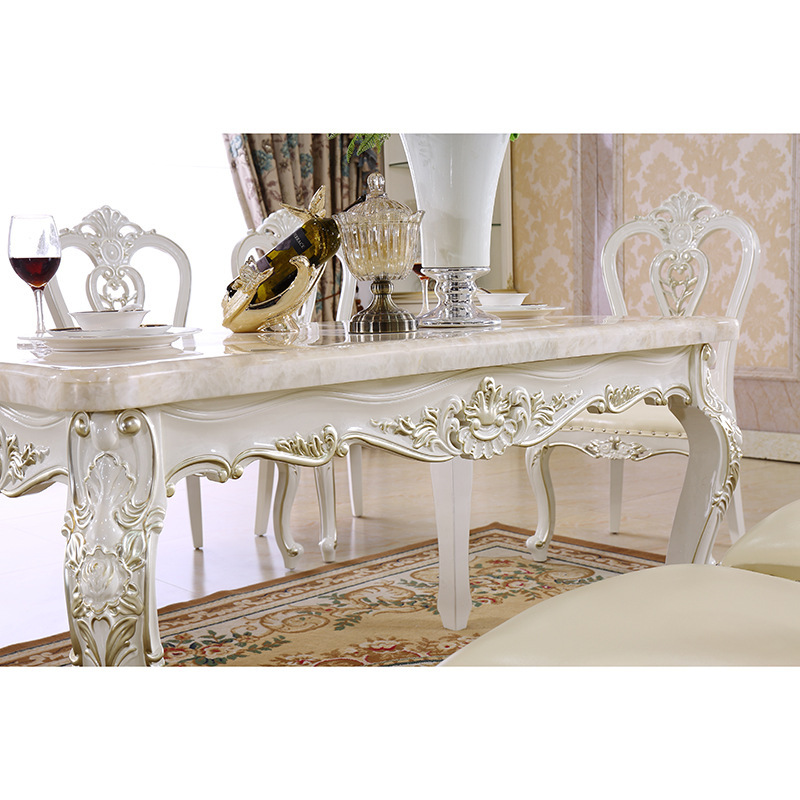 欧式餐桌椅组合饭桌新古典餐桌法式长方形珍珠白色实木雕花餐桌