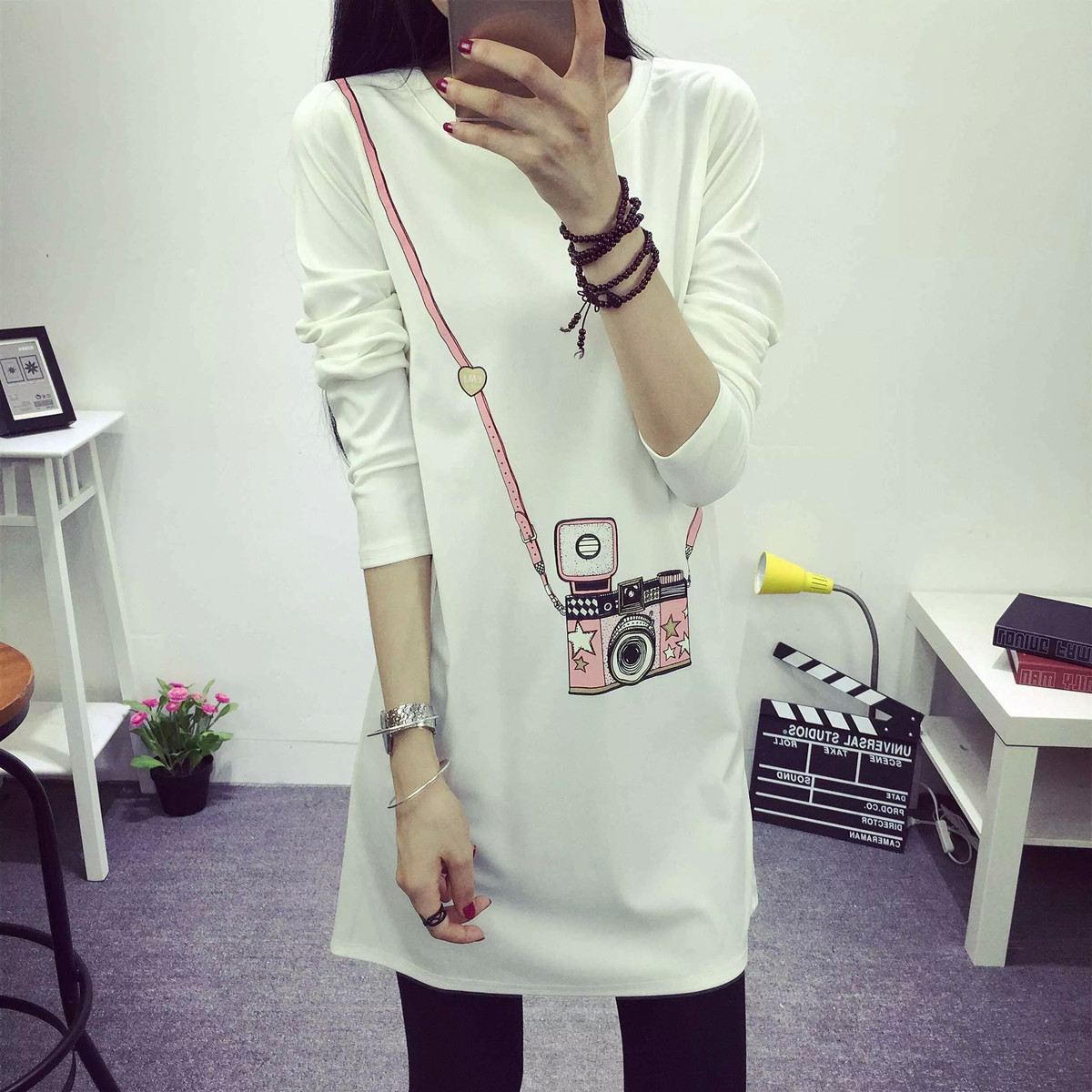 2020秋季新款加肥加大码女装韩版胖mm相机印花短袖中长款t恤裙潮