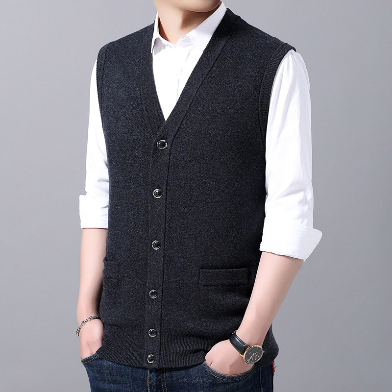 秋冬中老年男士羊毛开衫马夹加厚坎肩针织开口背心爸爸毛线马甲男