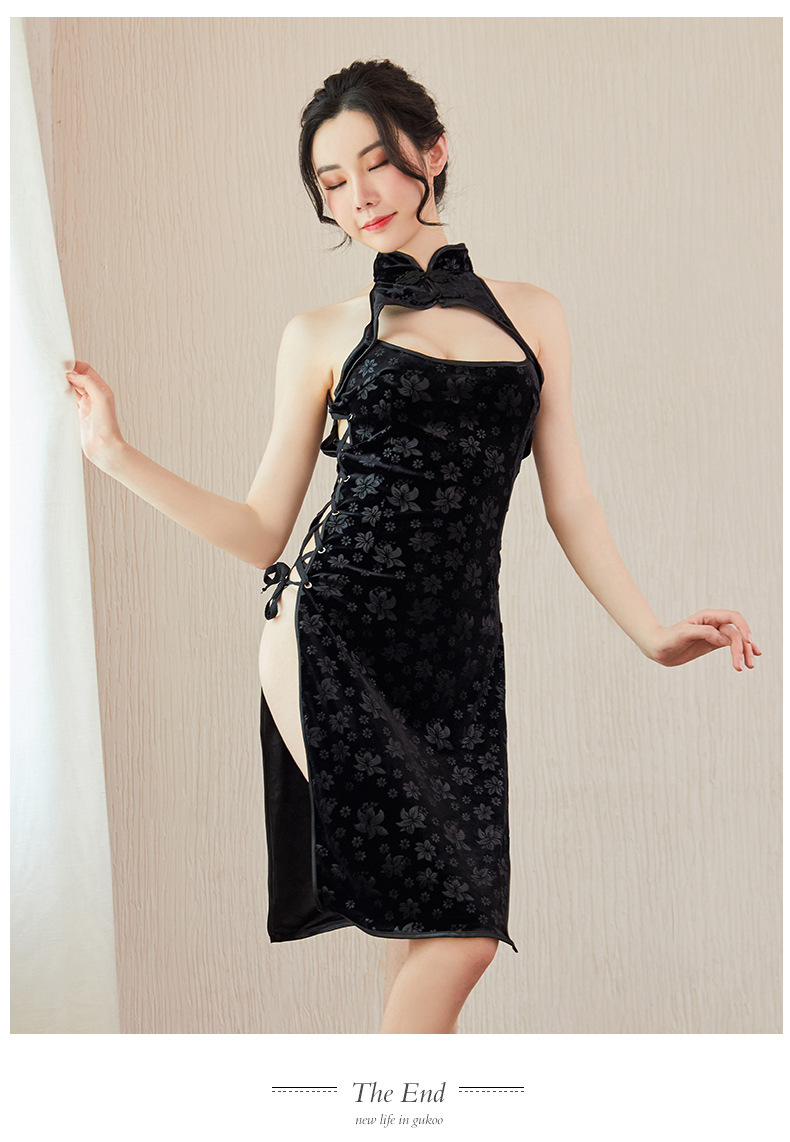 厂家直供情趣内衣古典风绑带侧开叉制服诱惑女性感镂空旗袍压花绒